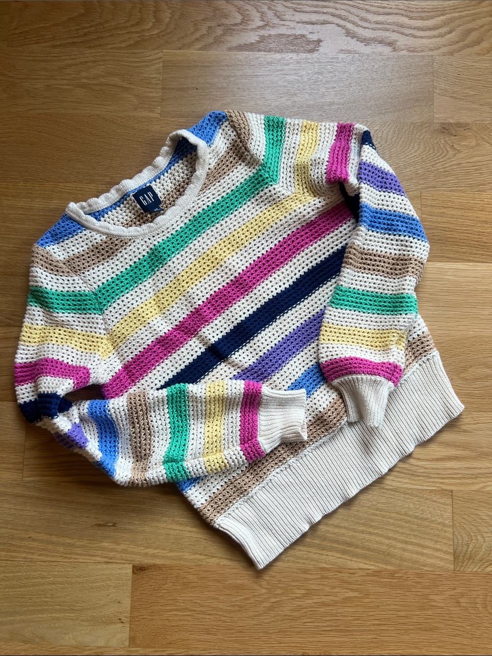 GAP Cream Open-Knit Sweater with Multi-Colored Stripes